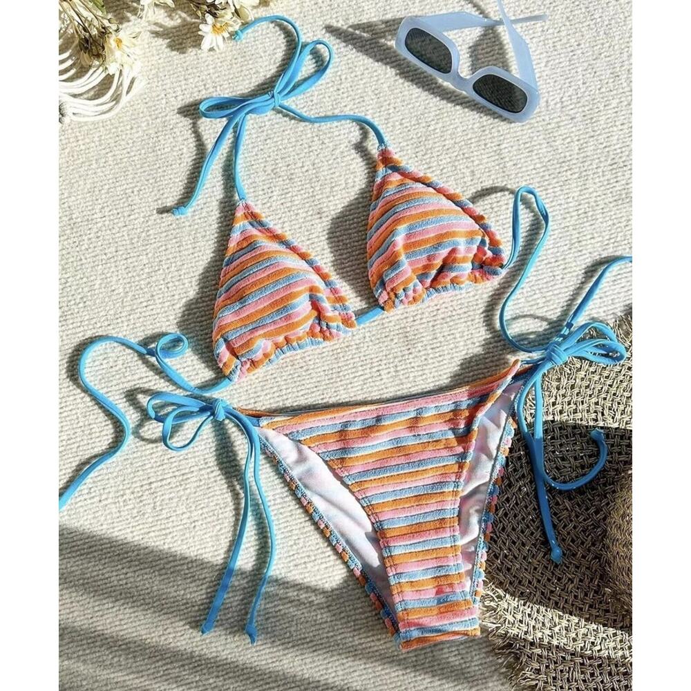 Women's Striped High Waisted Halter Triangle Bikini Swimsuit XS